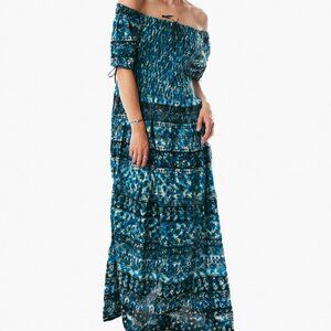 Blue peasant maxi dress short sleeve off shoulder boho summer floral tie dye